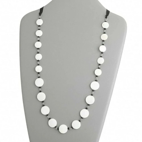 Hand Crafted Jewelry - Hand Crafted White Black Freshwater Pearl Shell Ribbon Tie Necklace